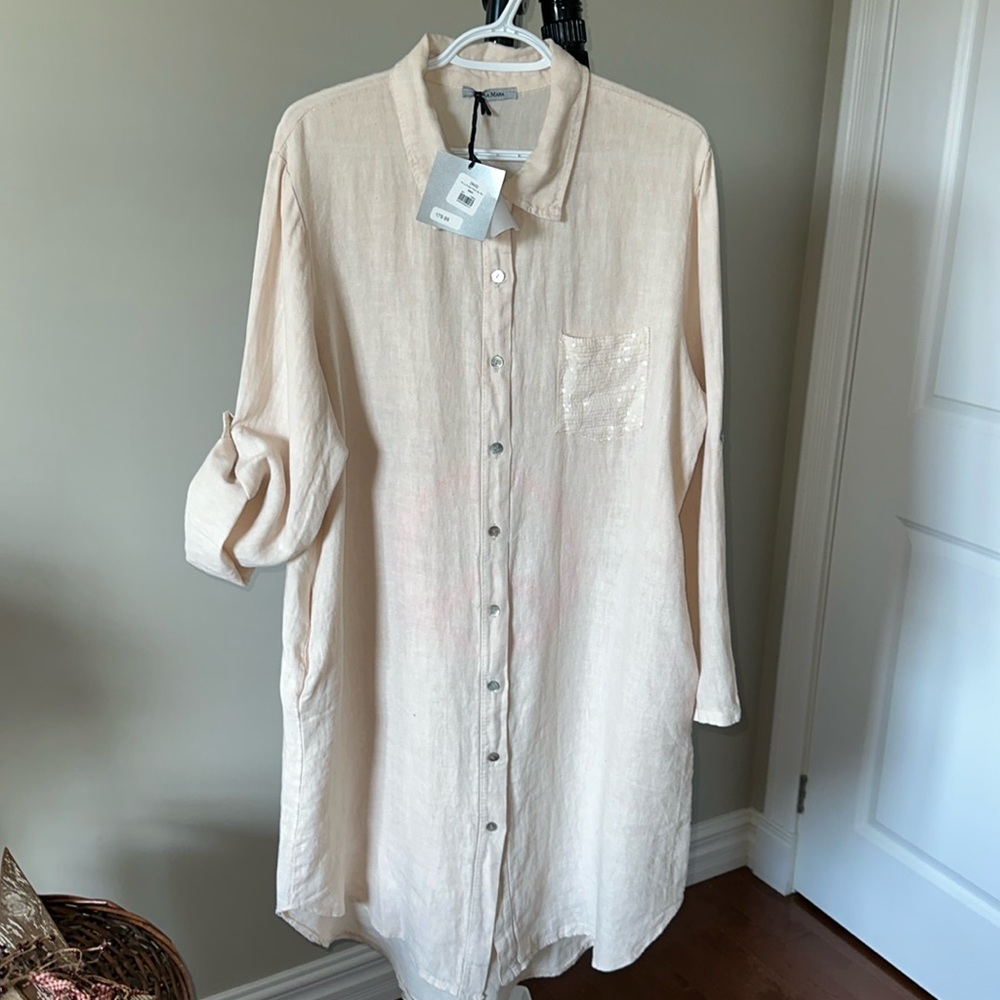 Sz S⭐️NWT Angela Mara Sand 💯% Italian Linen Dress/ Duster/ Coverup PTP 22”